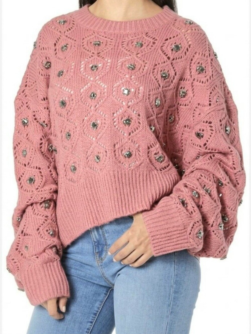 The Kooples Crew Neck Stud Pink Women Sweater Medium Oversized
